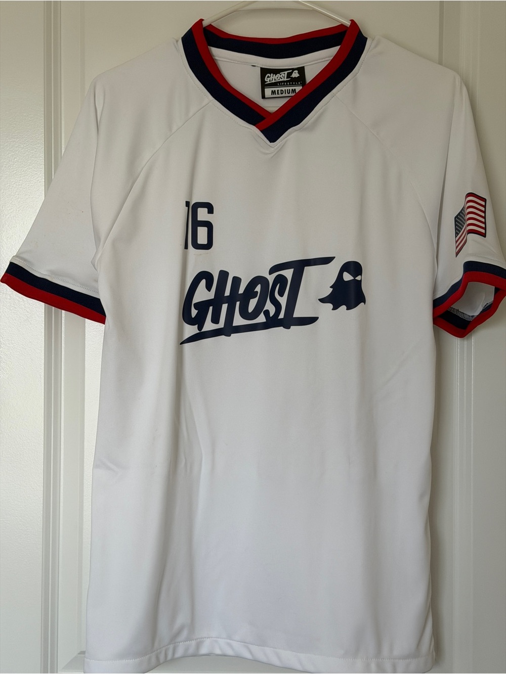 Ghost Athletic White Jersey with Navy and Red Trim